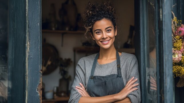 Portrait of a happy owner standing at the door of cefe shop, a cheerful adult waiter waiting for customers at a coffee shop, successful small business owner, professional, service
