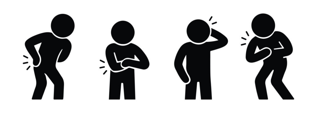 Vector set of stick figures scratching themselves due to itching. Simple black silhouettes for allergy symptoms, skin irritation, rash, insect bites, eczema, dermatology concepts, and discomfort. 