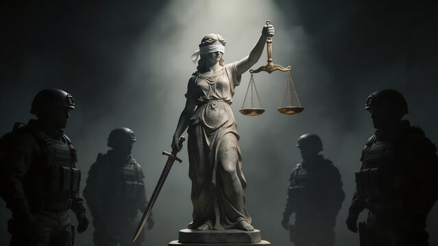 Statue of justice with soldiers