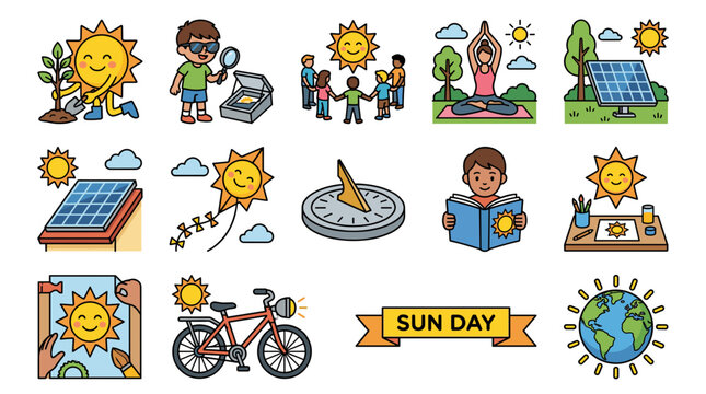 Colorful icon set collection for International Sun Day Vector featuring kids education solar panel renewable energy yoga sundial cycling and earth globe ecology awareness.