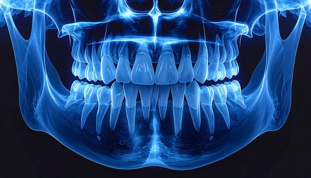 A blue-tinted X-ray image of a human skull's lower jaw and teeth