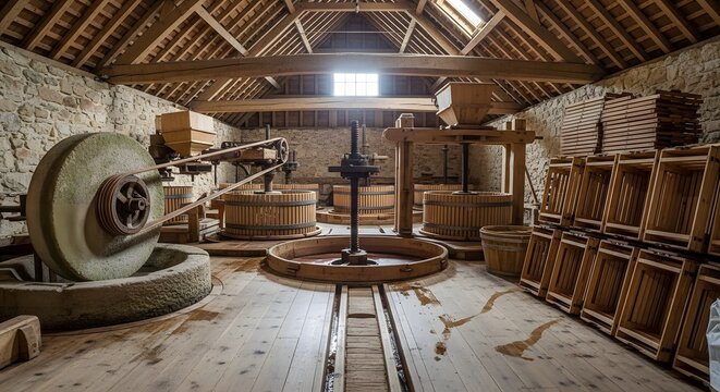 An old wooden wine press room with stone walls and a vaulted ceiling