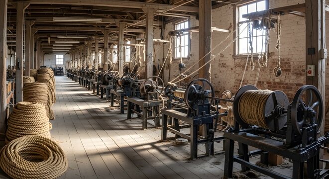 A historic rope factory with vintage machinery and large coils of rope