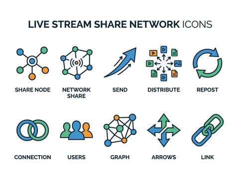 Collection of icons representing live stream share network concepts including nodes, connections, and data distribution