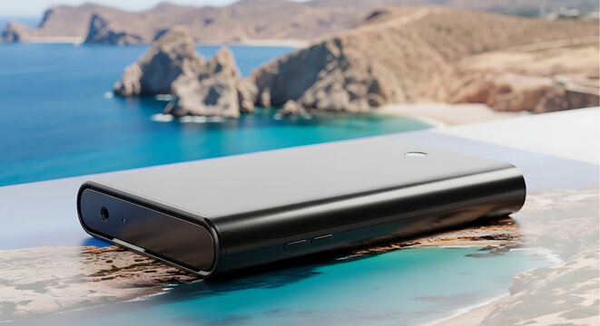 Sleek black portable external hard drive or SSD presented on a scenic beach landscape, symbolizing data storage and travel connectivity