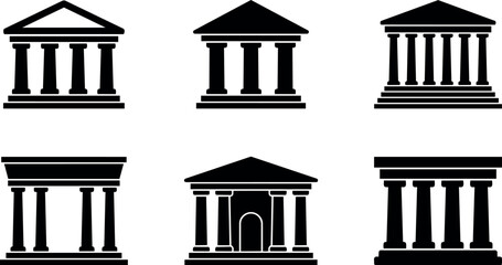 Naklejka premium Black silhouette icons of classical columned ancient temples in flat design