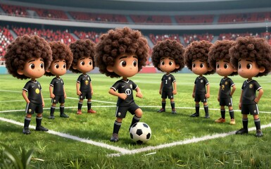 Naklejka premium Cartoon soccer team with curly hair on green field in stadium.