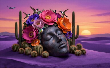 Obraz premium A serene face adorned with vibrant flowers and hummingbirds set