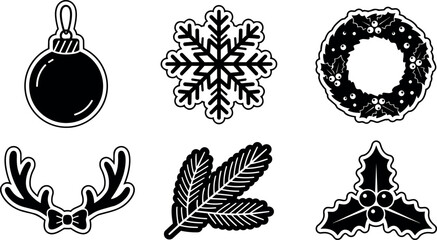 Fototapeta premium Black and white christmas ornament snowflake wreath antlers and holly vector art icons