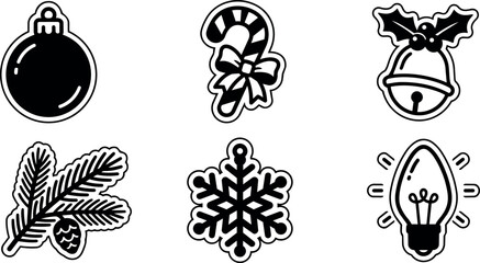 Fototapeta premium Black and white christmas ornament candy cane bell pine cone snowflake and light bulb icons