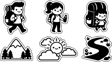 Obraz premium Hikers with backpacks and nature symbols