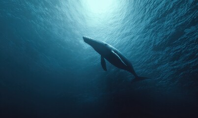 Obraz premium Whale silhouette swims under surface light