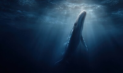 Naklejka premium Whale swims upward toward sunlight filtering through water surface