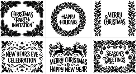 Fototapeta premium Black and white christmas party invitation and holiday greeting cards with festive wreath and reindeer vector art