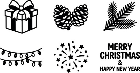 Fototapeta premium Black and white merry christmas and happy new year text with pine cones gift box and holiday decorations vector art