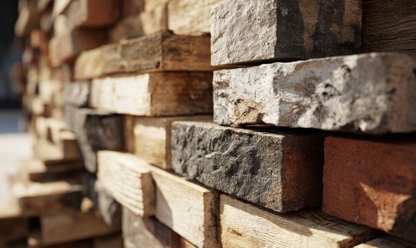 Pile of aged wood logs stacked in uneven rows