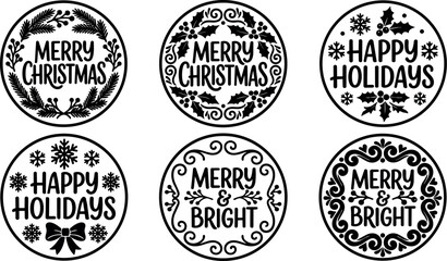 Fototapeta premium Black and white merry christmas and happy holidays round greeting labels with holly snowflakes and decorative frames