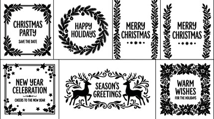 Fototapeta premium Black and white holiday greeting cards with christmas and new year messages and decorative floral and reindeer elements