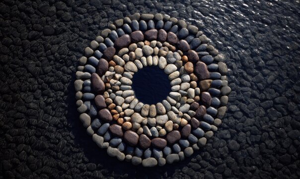 Stone circle pattern on dark gravel background