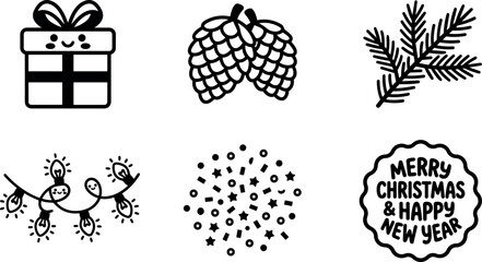 Fototapeta premium Black and white merry christmas and happy new year festive icons set with gift pine cones and lights