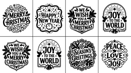 Fototapeta premium Black and white calligraphic merry christmas happy new year and seasonal holiday phrases set