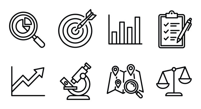 Business analysis icons magnifying glass target bar chart clipboard line graph microscope map.