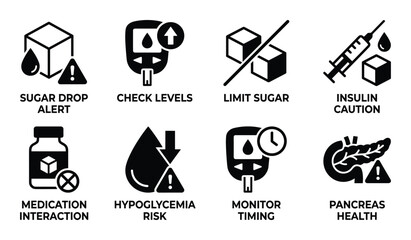 Obraz premium Diabetes health icons illustrating blood sugar control medication insulin and pancreas health issues and alerts.