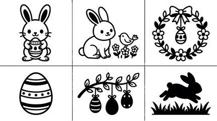 Fototapeta premium Black and white line art easter bunny and decorated eggs with floral wreath