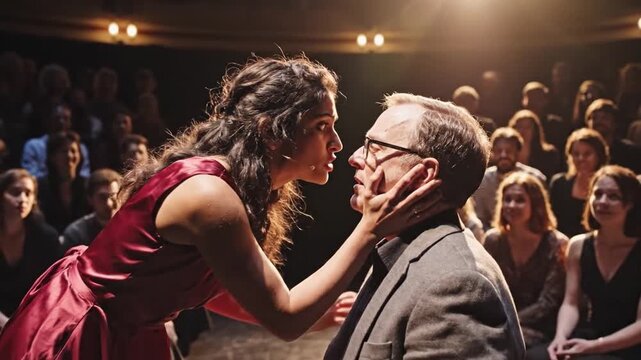 Intimate Actors Engage In Tense Confrontation. Performers Display Raw Emotion Under Focused Stage Lighting. Passionate Exchange Captured In Black Box Theater Setting With Intense Expressions