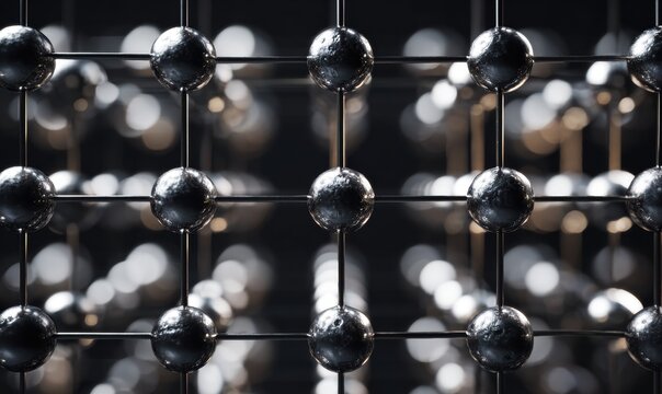 Abstract geometric pattern with reflective metal spheres and wire grid structure