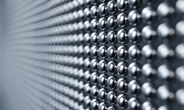 Metallic balls arranged in a grid pattern with shallow depth of field