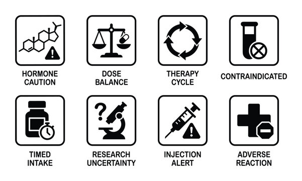 Healthcare icons for hormone caution, dose balance, therapy cycles, and injection alerts with adverse reactions.