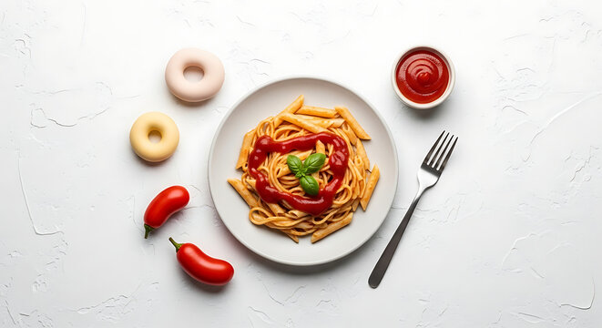 Plate of penne pasta with tomato sauce and basil garnish, served with cherry tomatoes, mini donuts, and ketchup, top view on textured white background