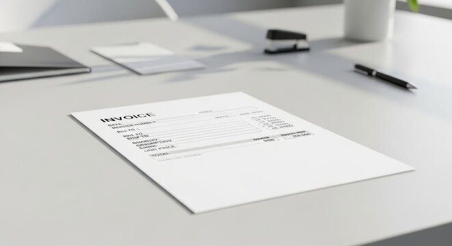 Crisp white invoice document with sharp lines on a modern office desk with stapler in background