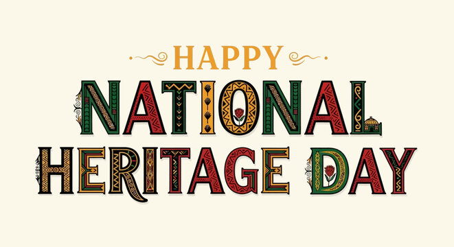 Happy National Heritage Day greeting with South African tribal pattern typography