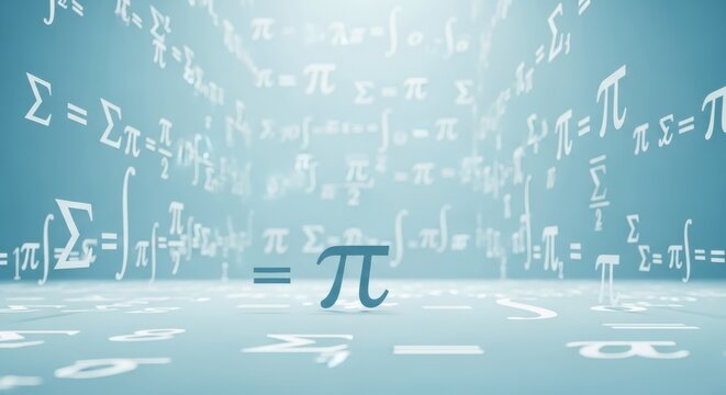 Mathematical symbols and equations surround a central pi symbol on a blue background