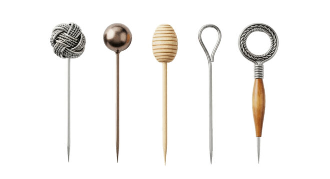 Vector illustration of five decorative cocktail picks with various unique handles on a transparent background