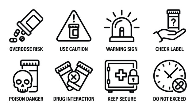 Line icons for medication warnings and safety. Overdose risk use caution warning sign check label poison danger.
