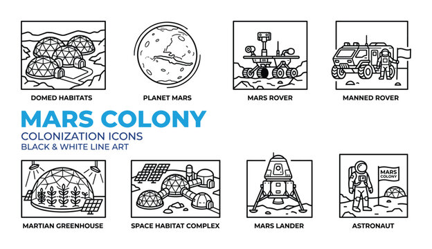 Mars colony colonization icons domed habitats planet mars rover manned rover greenhouse.
