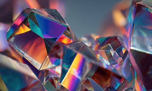 Shiny, multifaceted crystal fragments glowing with prism-like colors
