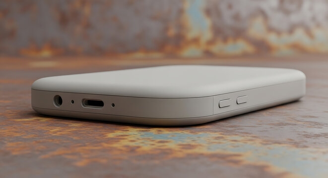 Portable external hard drive or solid state drive with USB-C port on a rusty metal surface, technology and storage concept