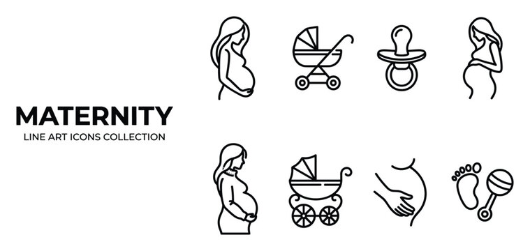 Maternity line art icons collection simple pregnant women baby stroller pacifier and baby stuff.