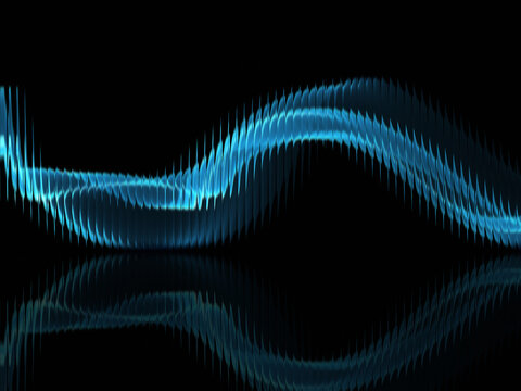 Abstract futuristic blue glowing wave on black background with mirror reflection, glass ribbed texture and digital ripple distortion for modern tech display