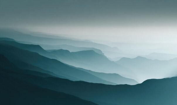Misty mountain ranges fade into distant horizons under soft, muted sky