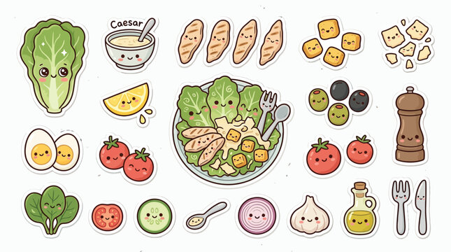 Kawaii style cartoon illustration of a complete Caesar salad with all its ingredients laid out on a white background.