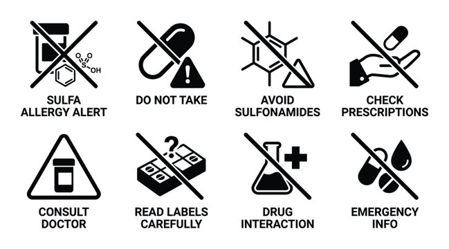 Medical warning icons for drug allergies, interactions, and safety including doctor consultation and prescriptions.