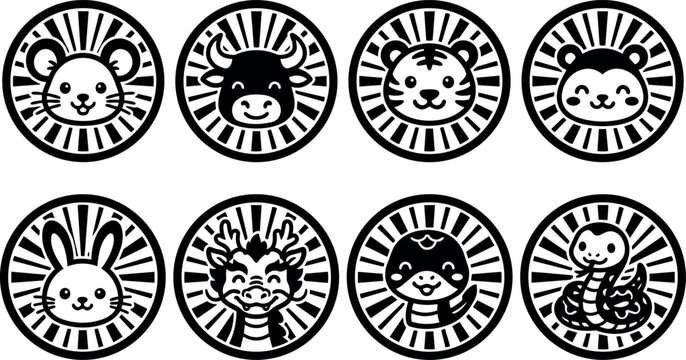 Cute chinese zodiac animal faces in circle badges