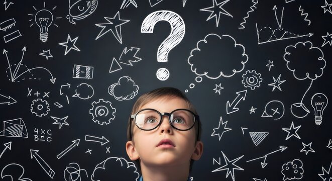 Curious child thinking with question mark and ideas