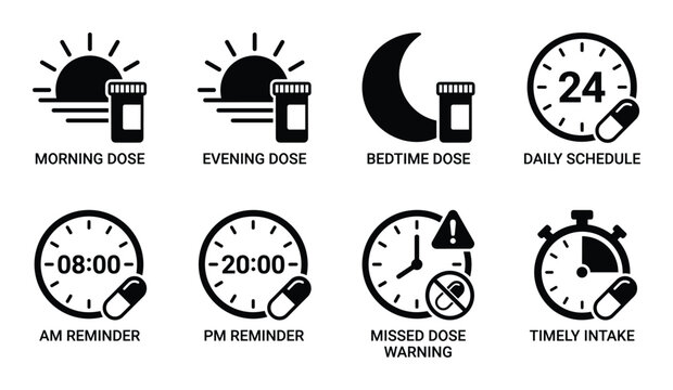 Medication dose schedule icons, daily intake reminders, morning, evening, bedtime, and timely alerts.