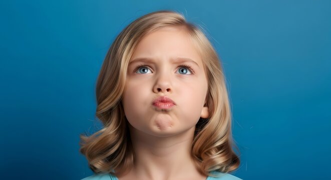 Blonde girl pouting frustrated looking up thinking